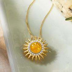 Ross-Simons - 2.00ct Citrine, .10ct t. w. Diamond Sun Pendant Necklace Over Sterling. 18". This vivacious pendant necklace will make you the center of attention. A cheery 2.00 carat citrine hosts an aura of .10 ct. t. w. diamonds, finished with 18kt yellow gold over sterling silver rays. With a noticeable presence, this necklace is for the gal who loves a fun accessory. Box chain. Springring clasp, diamond and citrine pendant necklace. Citrine birthstones are the perfect gift for November birthd Citrine Birthstone, Necklace Sun, Sun Ring, Pretty Accessories, Jewelry Design Drawing, Sun Necklace, Citrine Jewelry, Sun Pendant, Citrine Pendant