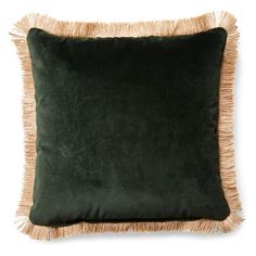 a green pillow with fringe trim on the front and back of it, against a white background