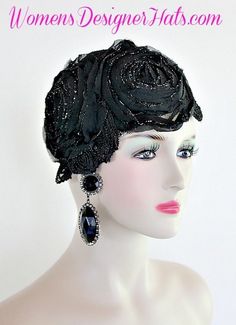 Black And Metallic Silver Couture Cocktail Formal Hat For Women. Hand Made 1920's Flapper - Art Deco Era Designer Fashion Hat. This Designer Hat Is Trimmed With A Black And Metallic Silver Flower Rose Applique Covering A Large Portion Of The Hat. A Stunning Vintage Orange Beaded, Metallic Silver, Black Velvet Trim Encircles The Crown Of This Couture Pillbox Hat. Measurements: 22.5" Crown Size, Soft Crown Style - Fits Most Women. New Condition - Custom Made Couture Fashion Hat Material: Black... Silver Couture, Juliet Cap, Flapper Headpiece, Flapper Art, Black Wool Hat, Custom Made Hats, Cloche Hats, Bridal Fascinator, Rose Applique