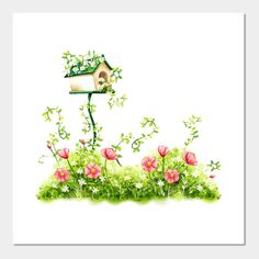 a bird house sitting on top of a lush green field filled with pink and white flowers