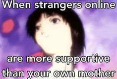 a woman with short black hair standing in front of a purple background text reads, when strangers online are more supportive than your own mother