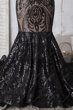 This unique black mermaid African American prom dress boasts a deep V-neck and horsehair ruffled long train. The abstract pattern sequin and nude lining design add shine and distinction. shown color black bra support with cups boning no closure back zipper lining partially lined American Prom Dress, American Prom, Black Mermaid Prom Dress, Prom Dress With Train, Bra Support, Black Mermaid, Long Train, Black Bra, Support Bras