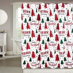 a christmas themed shower curtain with trees and snowflakes