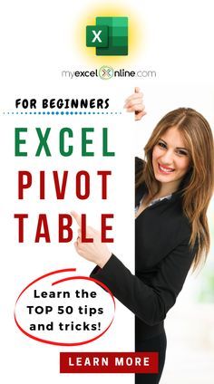 a woman holding up a sign that says excel pivot table learn the top 50 tips and tricks