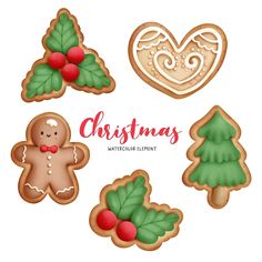 christmas cookies with holly leaves and gingerbreads on white background - free vector eps file