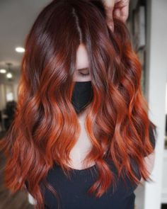 Dark Red Copper Fall Color Copper Hair 2023 Trends, Copper Ombre Hair, Copper Hair With Shadow Root, Bayalage Hair, Cowboy Copper Hair, Copper Hair Color Ideas, Copper Fall, Cowboy Copper