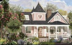 a painting of a pink house with white trim and a heart on the front porch