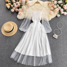 Cute A line tulle long sleeve dress fashion dress Material: tulle Color: white, black, white, pink Size(cm): free size length 117 bust 6-104 waist 60-90 Tulle Long Sleeve Dress, Modern Dress, White Midi Dress, Petite Outfits, Event Dresses, Mesh Dress, Dress Fashion, Round Collar, Dress Materials