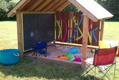 an outdoor play area with chairs and chalkboard