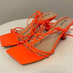 Brand New Neon Orange Strappy Ankle Heel Orange Strappy Heels For Spring, Orange Square Toe Sandals For Spring, Spring Orange Square Toe Sandals, Orange Lace-up Summer Heels, Orange Lace-up Heels For Summer, Fluffy Heels, White Strappy Heels, Black Strap Heels, Fringe Heels