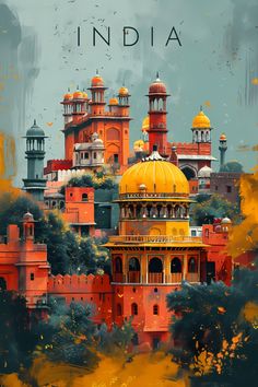 an artistic painting of a yellow and red building with the words india on it's side