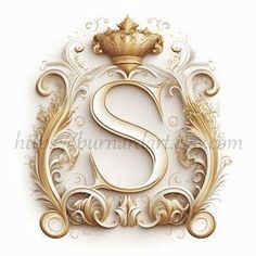 the letter s is made up of gold and white swirls with a crown on top