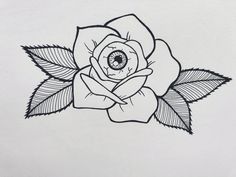 a black and white drawing of a rose with an eye on it's center