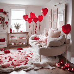 a living room filled with furniture and lots of red hearts floating in the air above them