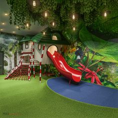 a children's play area with a red slide and climbing wall in the background