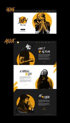 the website design for inky is shown in yellow and black, with an image of a