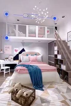 a bed room with a neatly made bed next to a stair case and a desk