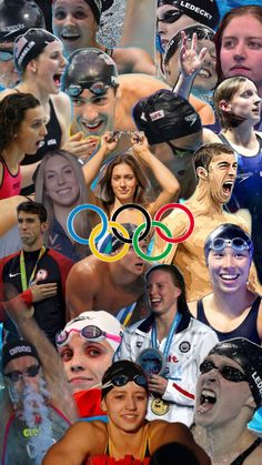 the collage shows many different people in swimming suits and swim caps, including swimmers