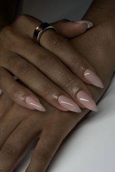 Milky Pink Stiletto Nails, Vacation Nail Ideas Simple, Gelx Almond Nail Designs, Plain Neutral Nails, Gel X Nude Nails, Simple Nails Stiletto, Almond Nails On Black Women, Stiletto Natural Nails, Nude Pointy Nails