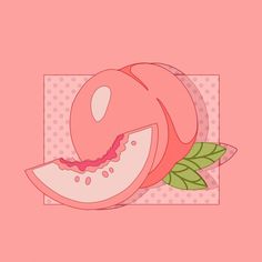 a piece of melon on a pink background with green leaves and polka dotes