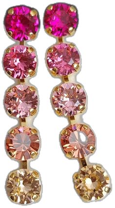 Pink Sparkling Round Earrings, Pink Sparkling Stone Round Earrings, Pink Round Earrings With Sparkling Stones, Pink Dangle Earrings With Prong Setting, Pink Round Crystal Earrings For Formal Occasions, Formal Pink Rhinestone Earrings, Pink Rhinestone Earrings For Formal Occasions, Rose Peach, Earrings In Gold