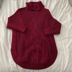 Maroon Cable Knit Turtleneck Sweater From Express Never Worn Red Knit Outerwear With Cable Knit Details, Red Knit Cable Knit Outerwear, Red Cable Knit Outerwear, Burgundy Knit Long Sleeve Sweater, Cozy Burgundy Knit Sweater, Long Sleeve Burgundy Knit Sweater, Oversized Long Sleeve Burgundy Sweater, Oversized Burgundy Long Sleeve Sweater, Red Knit Turtleneck Sweater