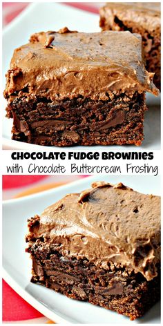 chocolate fudge brownies with chocolate buttercream frosting are on a plate