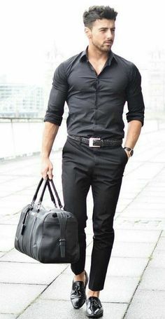 @rowanrow - with an all black summer outfit with a black button up shirt with rolled up sleeves black woven leather belt black trousers black leather banded watch black duffle bag no show socks black tassel loafers  #summerstyle #summeroutfits #monochrome #menswear #menstyle #minimal #dufflebag #allblack #loafers Black Shirt Combination, Black Dress Shirt, Converse Outfits, Vans Converse, Mens Fashion Blog, Hipster Mens Fashion, Smart Outfit, Mens Winter Fashion