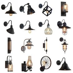 an assortment of outdoor lighting fixtures on a white background, including two lamps and one light fixture