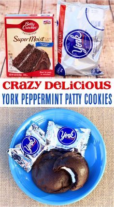 two bags of cookies on a blue plate with the words crazy deliciouss and york peppermint patty cookies