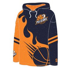 an orange and blue hoodie with the word pelicans on it, in flames