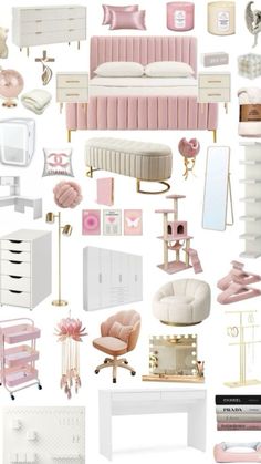 a collage of pink and white furniture, including a bed, dresser, chair, mirror, table, lamp, desk