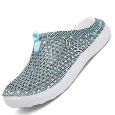 a women's slip on sneaker with blue and white mesh fabric, front view