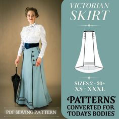 This pattern is an adaptation of authentic 19th-century designs, expertly converted to fit contemporary body measurements while maintaining the historic acuracy of Victorian pattern drawing techniques. Available for home printing in both A4 and US Letter sizes.  📄✂️ Perfect for DIY enthusiasts and historical costume makers, this pattern includes detailed sewing and decoration instructions, ensuring you can create a garment that truly reflects the sophistication of the Victorian era. Each patter Victorian Dress Pattern Free, Victorian Skirt Pattern, Victorian Sewing Patterns, Historical Dress Patterns, Victorian Walking Skirt, Victorian Dress Pattern, Historical Clothing Patterns, Walking Skirt, Victorian Skirt