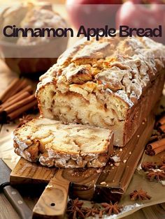 cinnamon apple bread is sliced on a cutting board