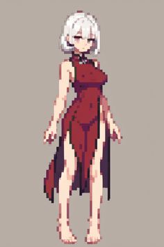 a pixellated image of a woman in a red dress with white hair and glasses