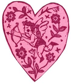 a pink heart with an image of a cupid angel holding a bow and arrow