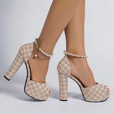 Women Houndstooth Pattern Faux Pearl Decor Pumps, Peep Toe High Heel Ankle Strap Pumps Boutique Brand Shoes !!*Please Note*!! This Is A Pre-Order Item And Requires A Longer Than Usual Shipping Time. Please Allow 7-14 Business Days Before Shipping. Please Consider This Time Frame Before Placing Your Order. Preorder Items Are Not Eligible For Cancellation. Thank You For Your Patience And Understanding. Bundle 2 Or More Items From My Closet For A 15% Discount. Tags: Boho Bohemian Hippie 60's 70' Fe Shein Shoes, Cute Shoes Heels, Pearl Decor, Gold Pumps, Ankle Strap Pumps, Strap Pumps, Houndstooth Pattern, Pretty Shoes, Dream Shoes