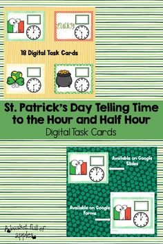 st patrick's day telling time to the hour and half hour digital task cards