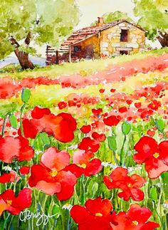 watercolor painting of red flowers in front of a house on a hill with trees