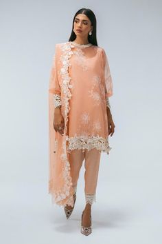 Salmon Pink Organza Straight Shirt Luxury Pret Pakistani Salwar Kameez Luxury Pret, Pakistani Salwar, Pakistani Salwar Kameez, Silk Bottoms, Organza Dupatta, Silk Slip, Salmon Pink, Delicate Details, Cut Shirts