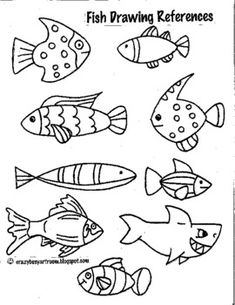 the fish drawing reference sheet is shown in black and white, with different types of fish