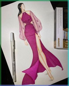 a drawing of a woman in a purple dress next to a marker pen and pencil