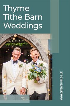 two men in tuxedos are walking through an arch with confetti on it