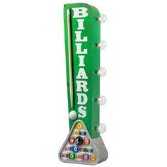 a billiards sign with pool balls and cues in it's holder