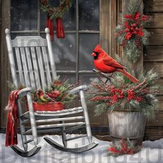 a painting of a cardinal sitting on a rocking chair