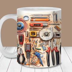 a white coffee mug with various tools on it