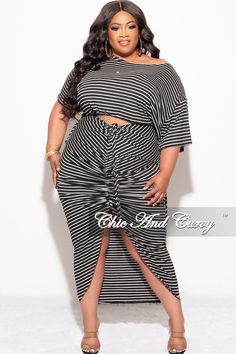 Two-piece set Crop top Round neckline Off shoulder Short sleeves Self tie No closure High waisted skirt V waistline Ruched Slit No closure 95% rayon 5% spandex Hand wash cold Model is wearing a 2X Chic And Curvy, Ruched Skirt, Top Round, Stripe Print, Round Neckline