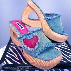 Feeling Vague Vintage since 2010 | 💕Bing bong you’re wrong - these cutie denim heart Y2K wooden heel slides just dropped, size 7.5 US💕 | Instagram Bing Bong, Wooden Heel, Slides, Size 7, Instagram