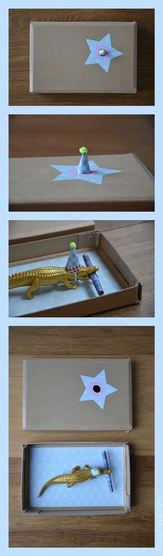 four different pictures showing how to make an origami fish out of construction paper